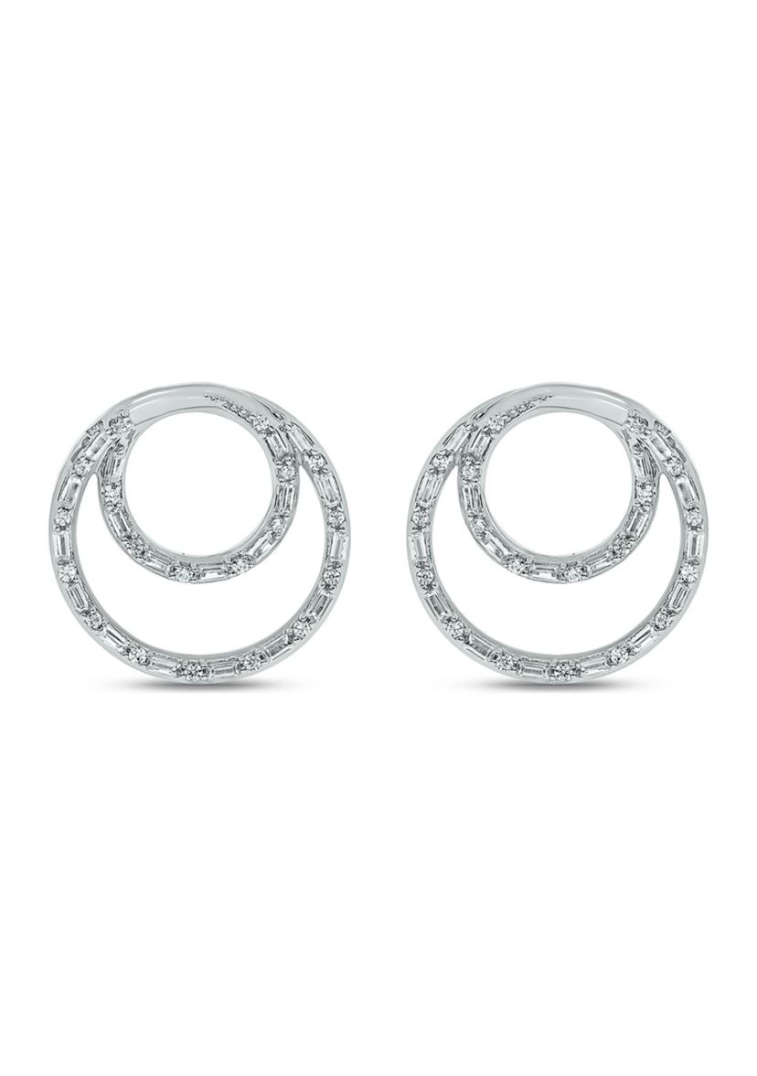 3/8 ct. t.w. Baguette Round White Diamond Circle Stud Earrings in 14K White Gold 