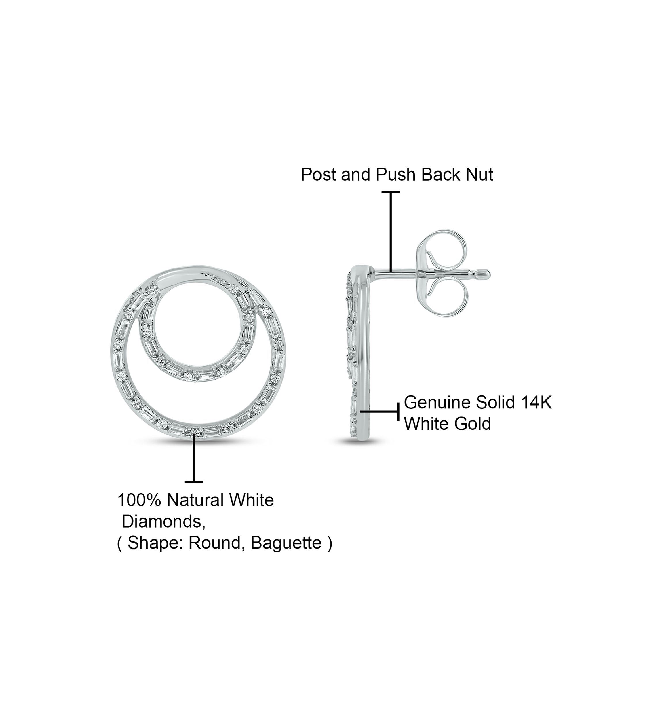 3/8 ct. t.w. Baguette Round White Diamond Circle Stud Earrings in 14K White Gold 