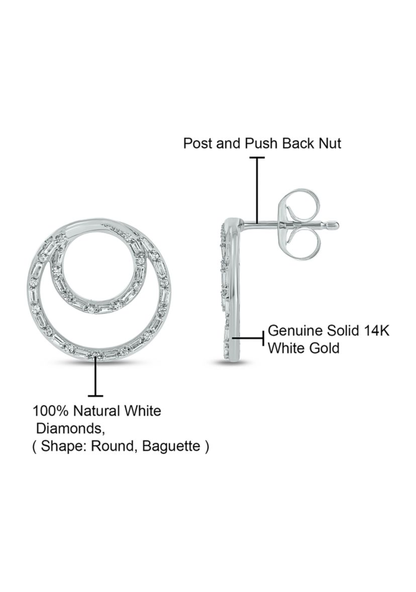 3/8 ct. t.w. Baguette Round White Diamond Circle Stud Earrings in 14K White Gold 