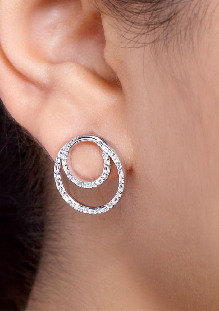 3/8 ct. t.w. Baguette Round White Diamond Circle Stud Earrings in 14K White Gold 