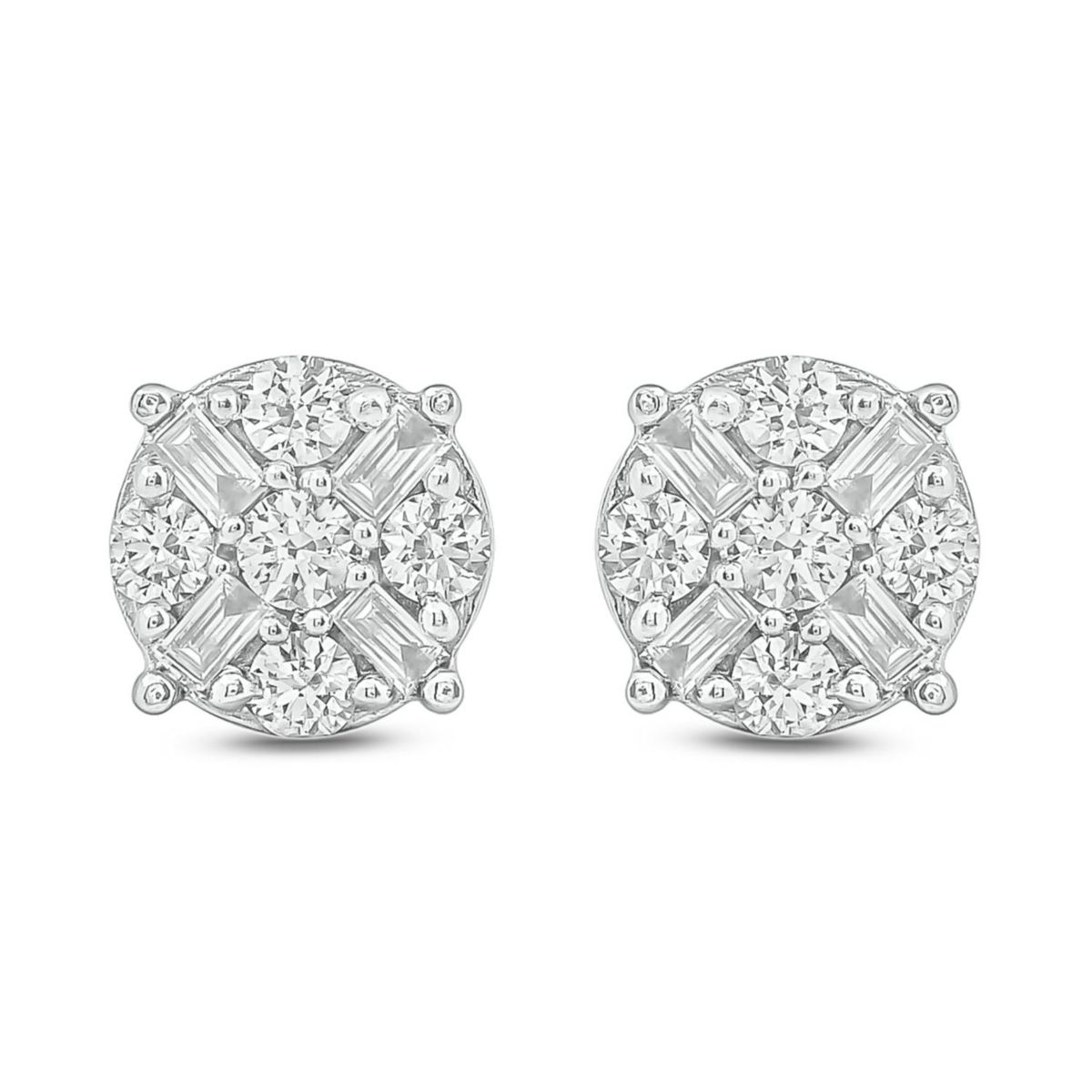 1/2 ct.t.w  Round Baguette White Diamond Cluster Earrings in 10K Gold