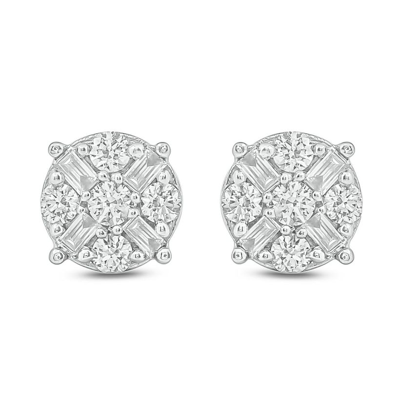 1/2 ct.t.w  Round Baguette White Diamond Cluster Earrings in 10K Gold