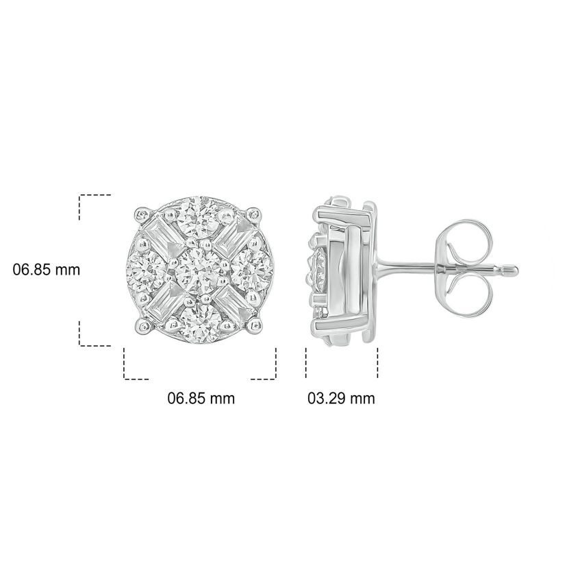 1/2 ct.t.w  Round Baguette White Diamond Cluster Earrings in 10K Gold