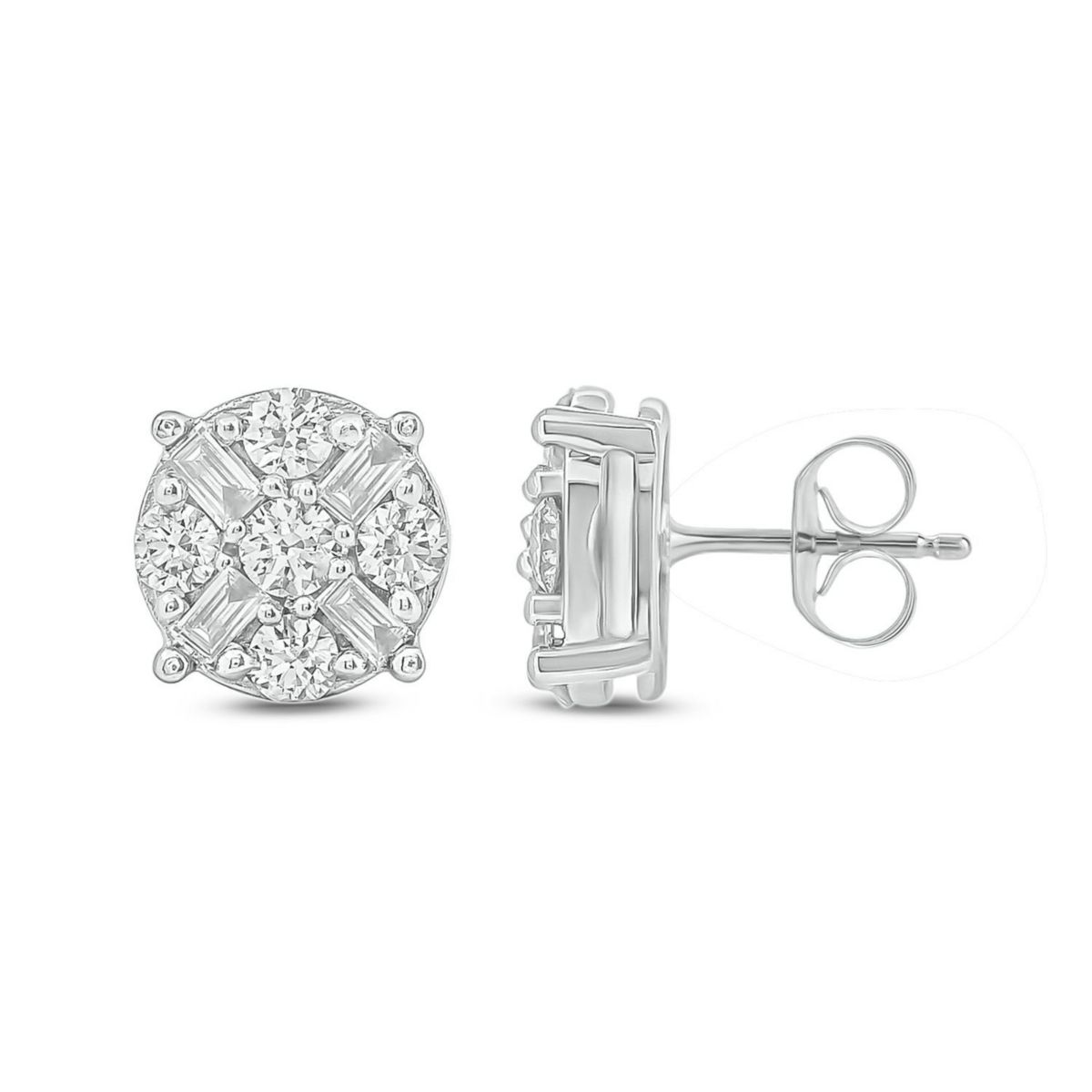 1/2 ct.t.w  Round Baguette White Diamond Cluster Earrings in 10K Gold