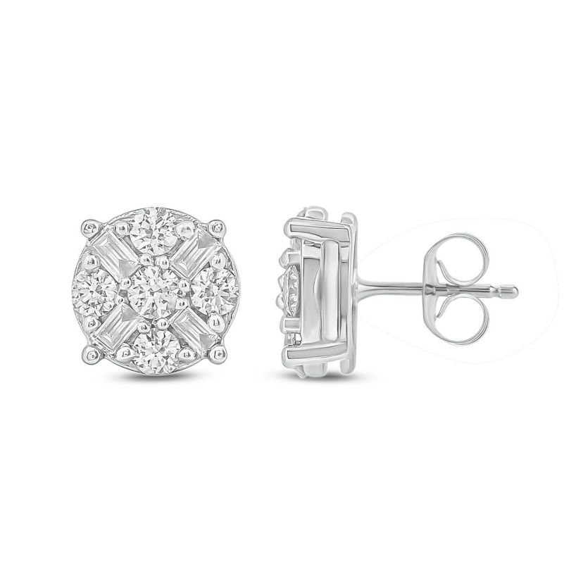 1/2 ct.t.w  Round Baguette White Diamond Cluster Earrings in 10K Gold