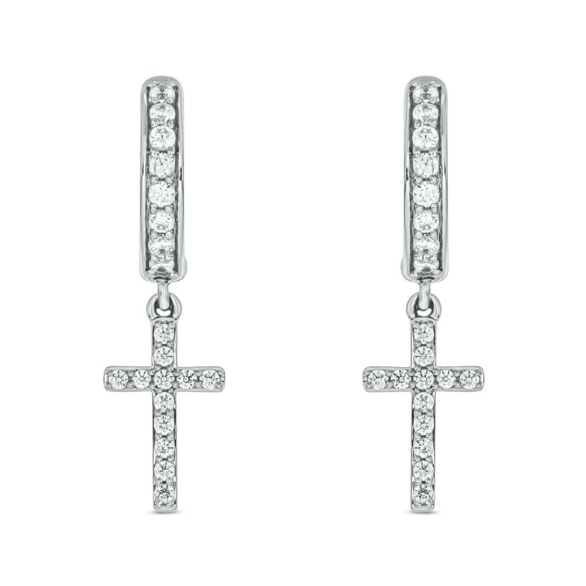 1/2 carat, Diamond Cross Dangler Hoop Earring in 14K White Gold