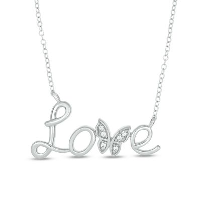 Belk & Co Diamond Accent Butterfly Love Script Front Pendant Necklace in 14K White Gold