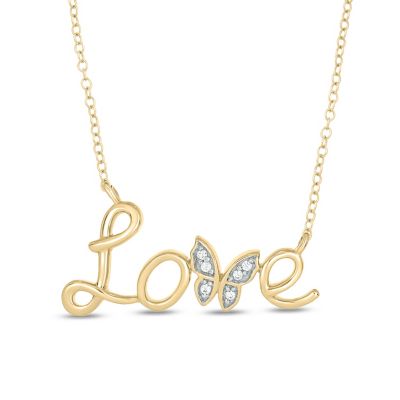 Belk & Co Diamond Accent Butterfly Love Script Front Pendant Necklace in 14K Yellow Gold