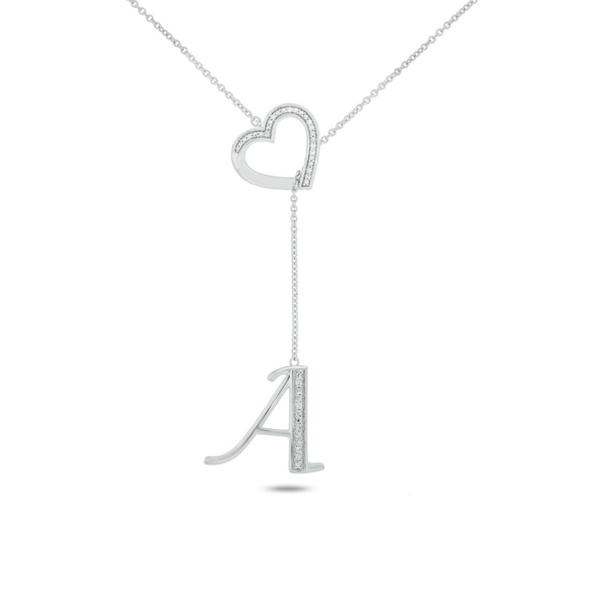 Diamond Accent Initial Heart And Letter Lariat Necklace In Sterling Silver
