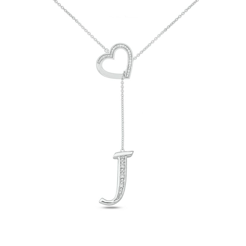Diamond Accent Initial Heart And Letter Lariat Necklace In Sterling Silver