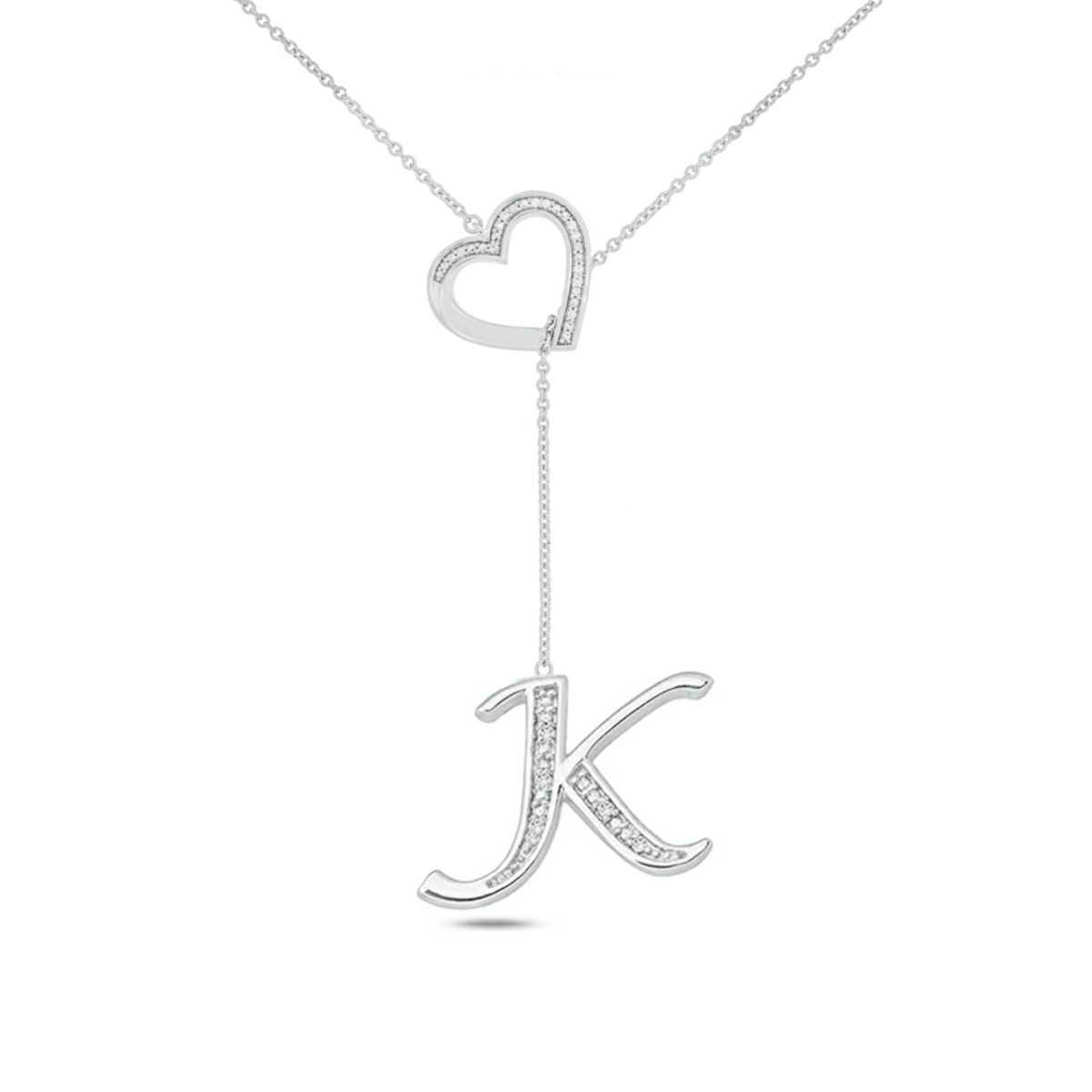 Diamond Accent Initial Heart And Letter Lariat Necklace In Sterling Silver