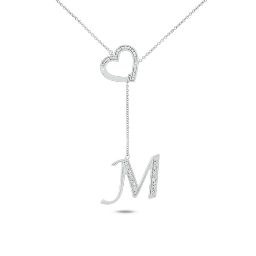 Diamond Accent Initial Heart And Letter Lariat Necklace In Sterling Silver