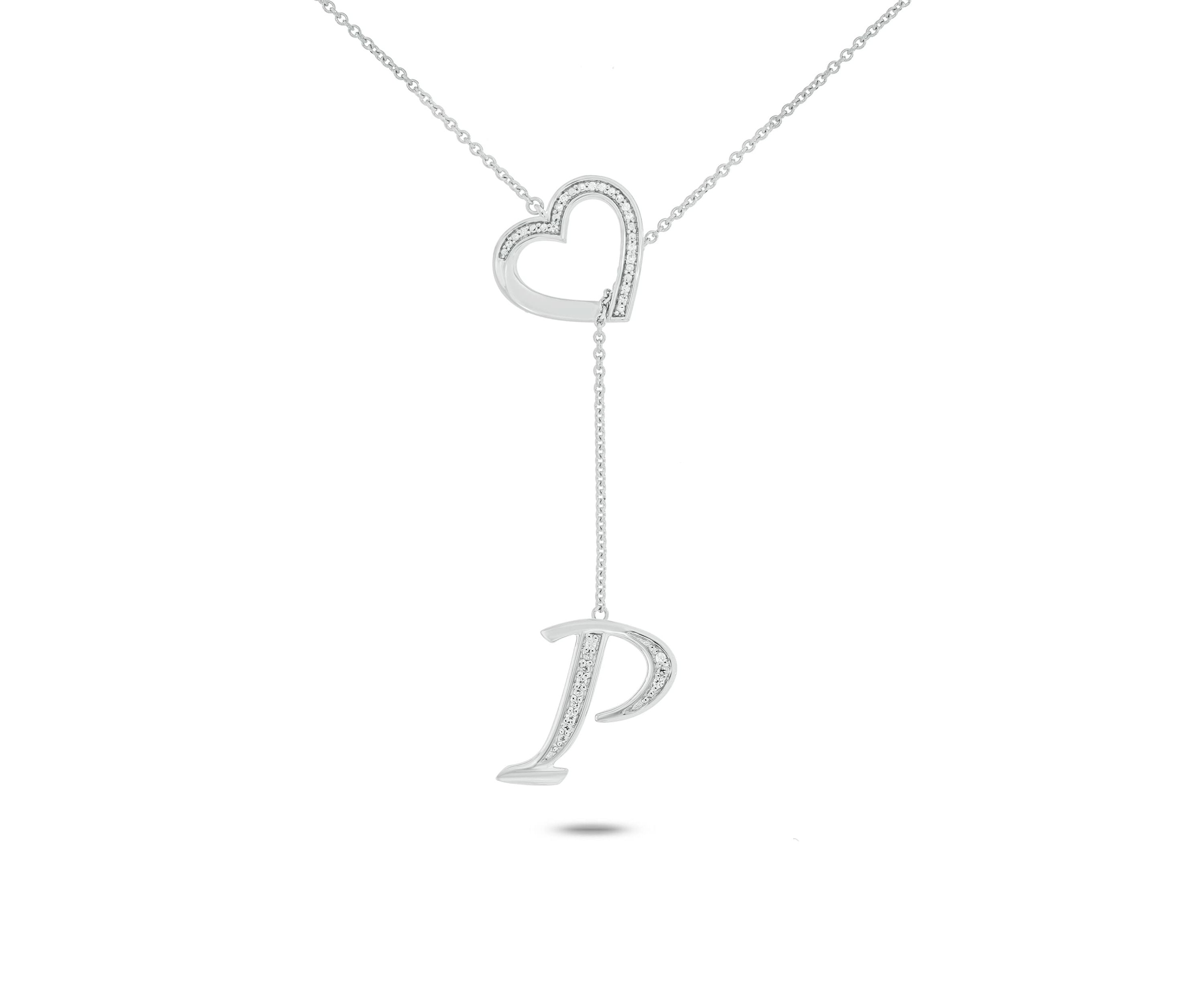 Diamond Accent Initial Heart And Letter Lariat Necklace In Sterling Silver