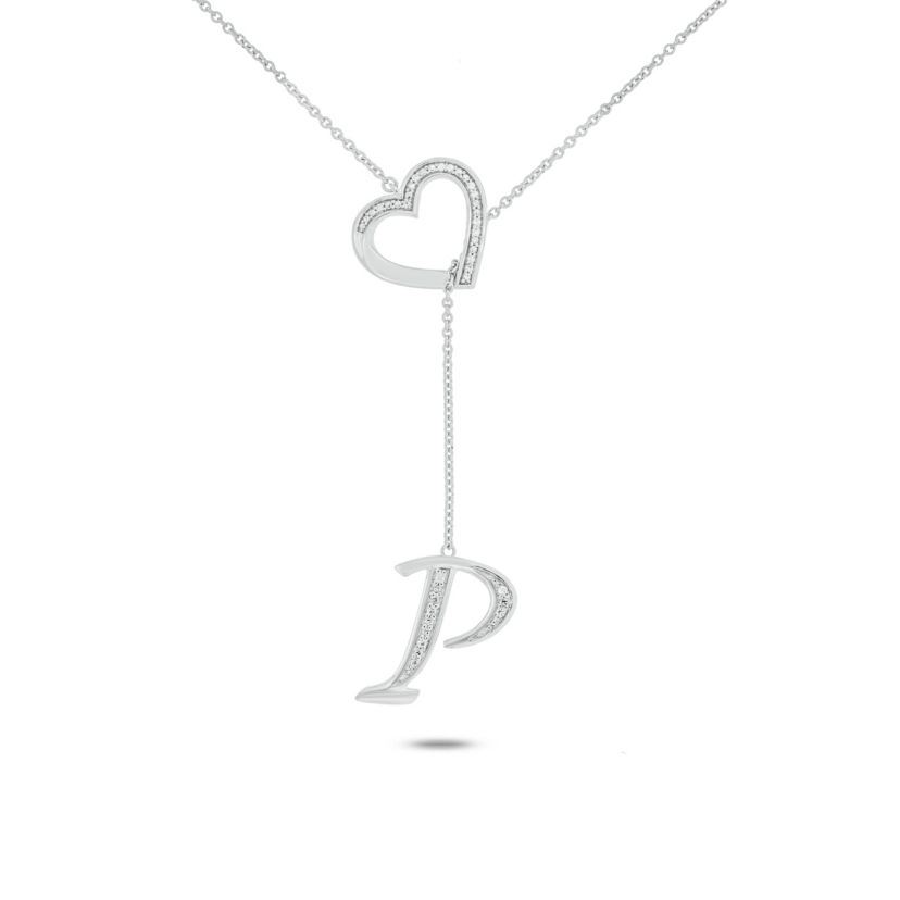 Diamond Accent Initial Heart And Letter Lariat Necklace In Sterling Silver