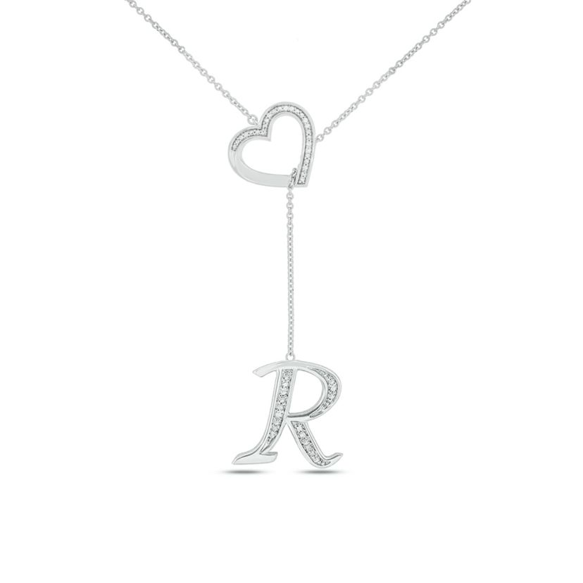 Diamond Accent Initial Heart And Letter Lariat Necklace In Sterling Silver