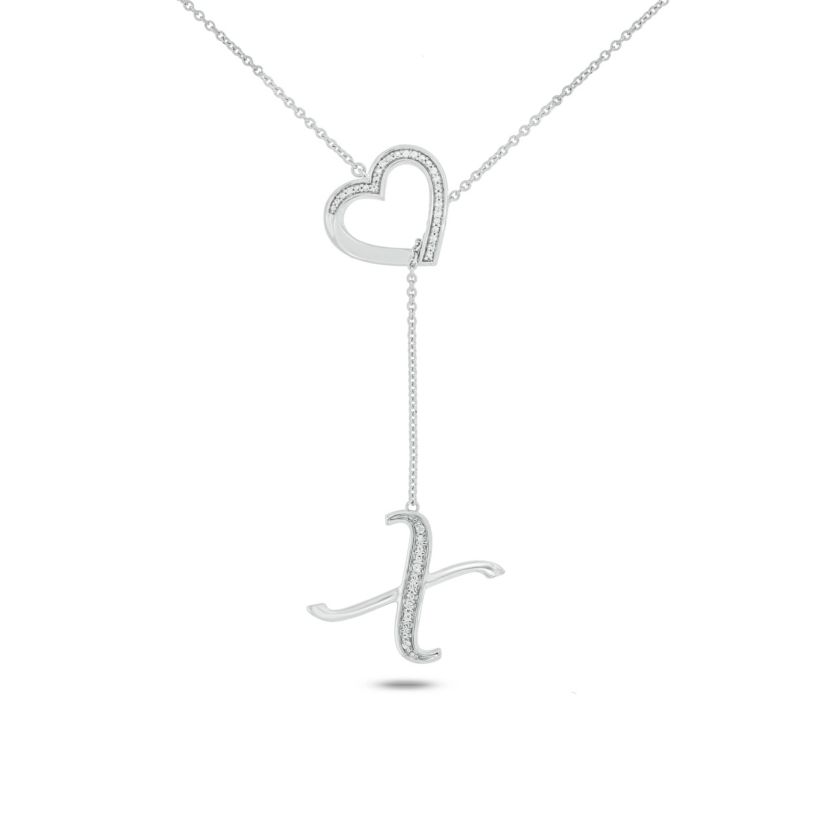 Diamond Accent Initial Heart And Letter Lariat Necklace In Sterling Silver