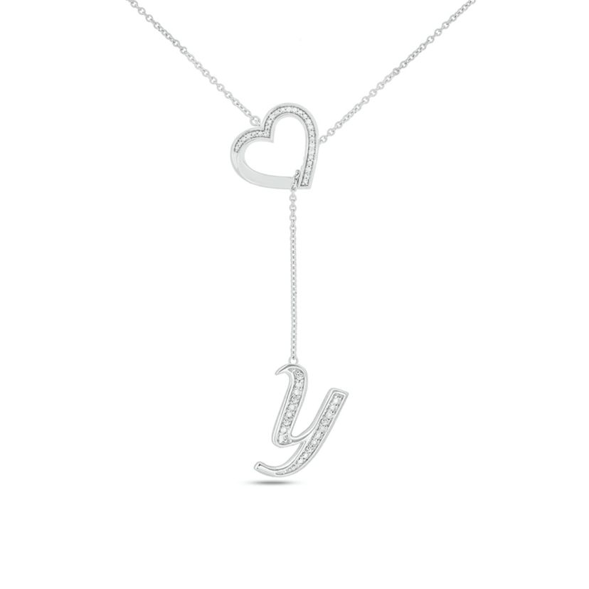 Diamond Accent Initial Heart And Letter Lariat Necklace In Sterling Silver