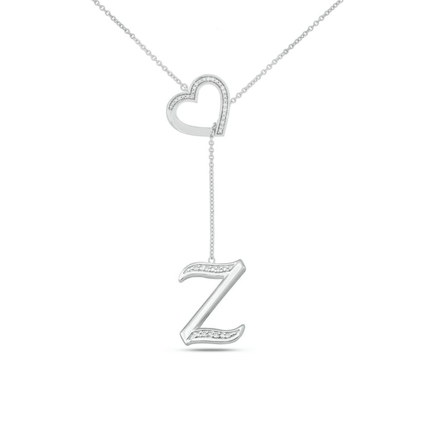 Diamond Accent Initial Heart And Letter Lariat Necklace In Sterling Silver