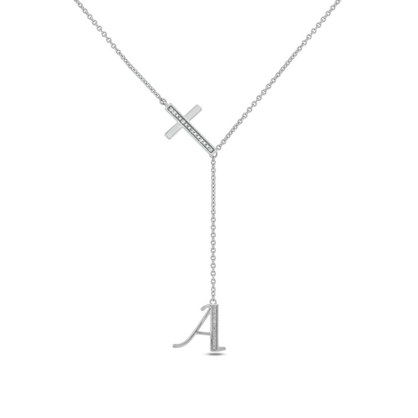 Diamond Accent Initial Cross And Letter Lariat Necklace In Sterling Silver