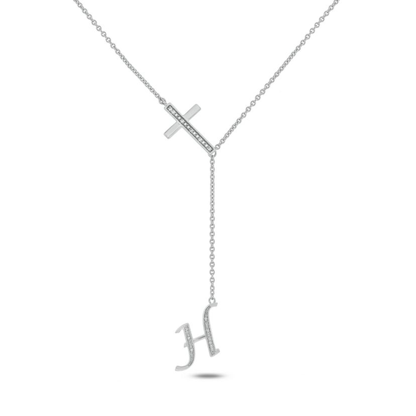 Diamond Accent Initial Cross And Letter Lariat Necklace In Sterling Silver