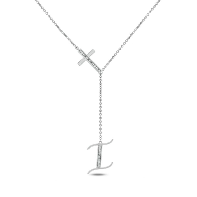 Diamond Accent Initial Cross And Letter Lariat Necklace In Sterling Silver