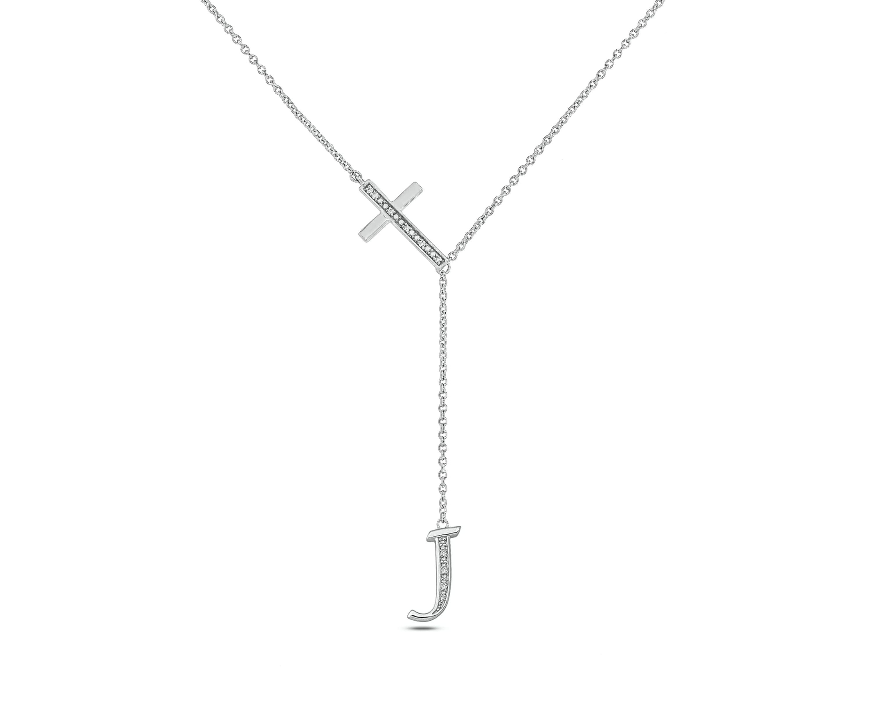 Diamond Accent Initial Cross And Letter Lariat Necklace In Sterling Silver