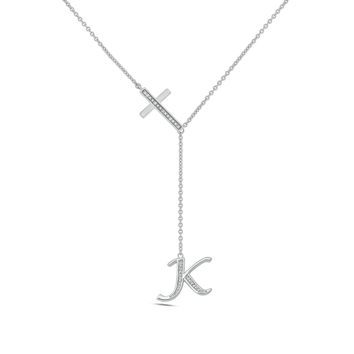Diamond Accent Initial Cross And Letter Lariat Necklace In Sterling Silver