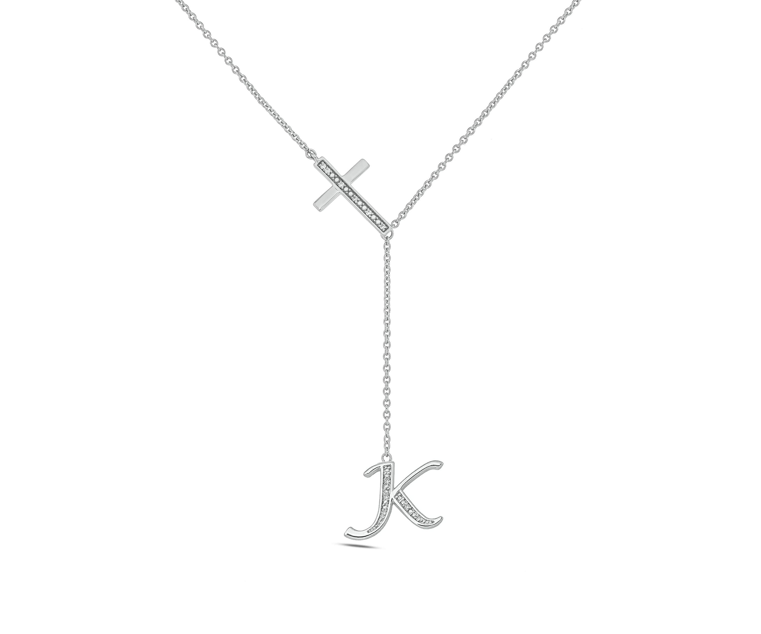 Diamond Accent Initial Cross And Letter Lariat Necklace In Sterling Silver