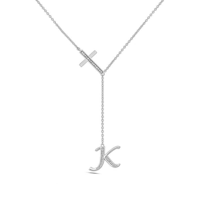 Diamond Accent Initial Cross And Letter Lariat Necklace In Sterling Silver