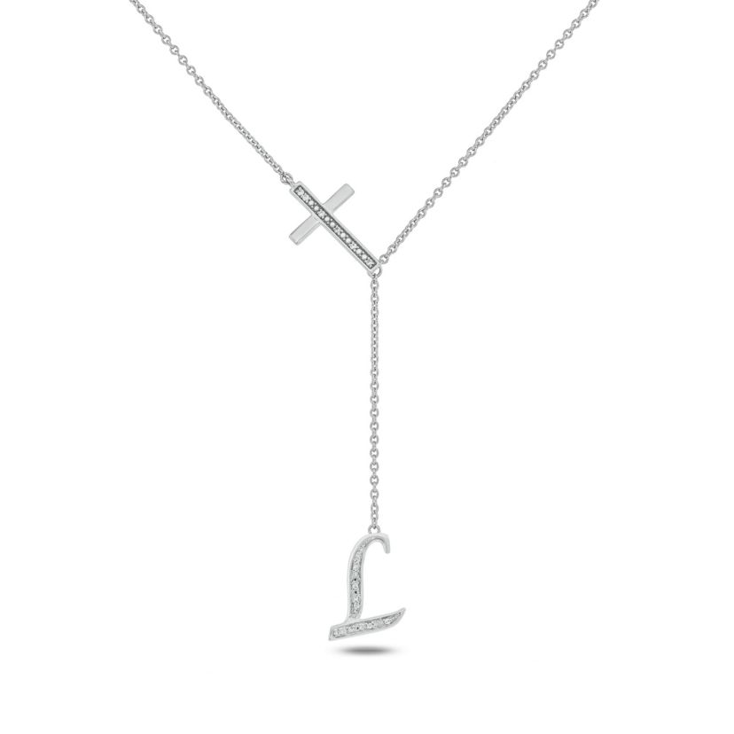 Diamond Accent Initial Cross And Letter Lariat Necklace In Sterling Silver