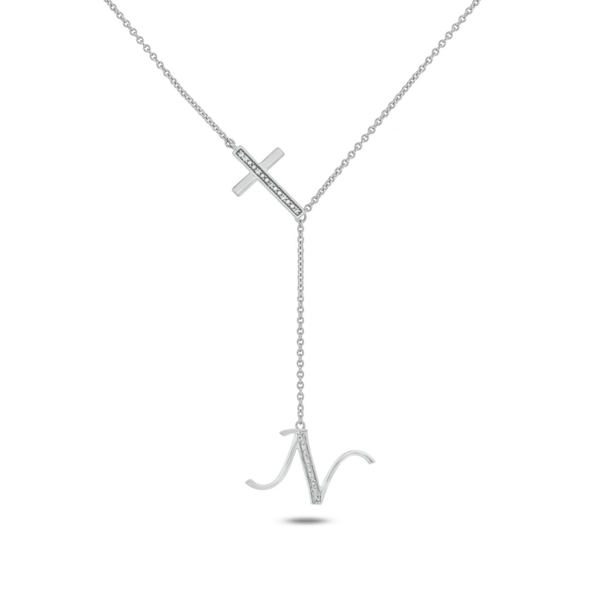 Diamond Accent Initial Cross And Letter Lariat Necklace In Sterling Silver