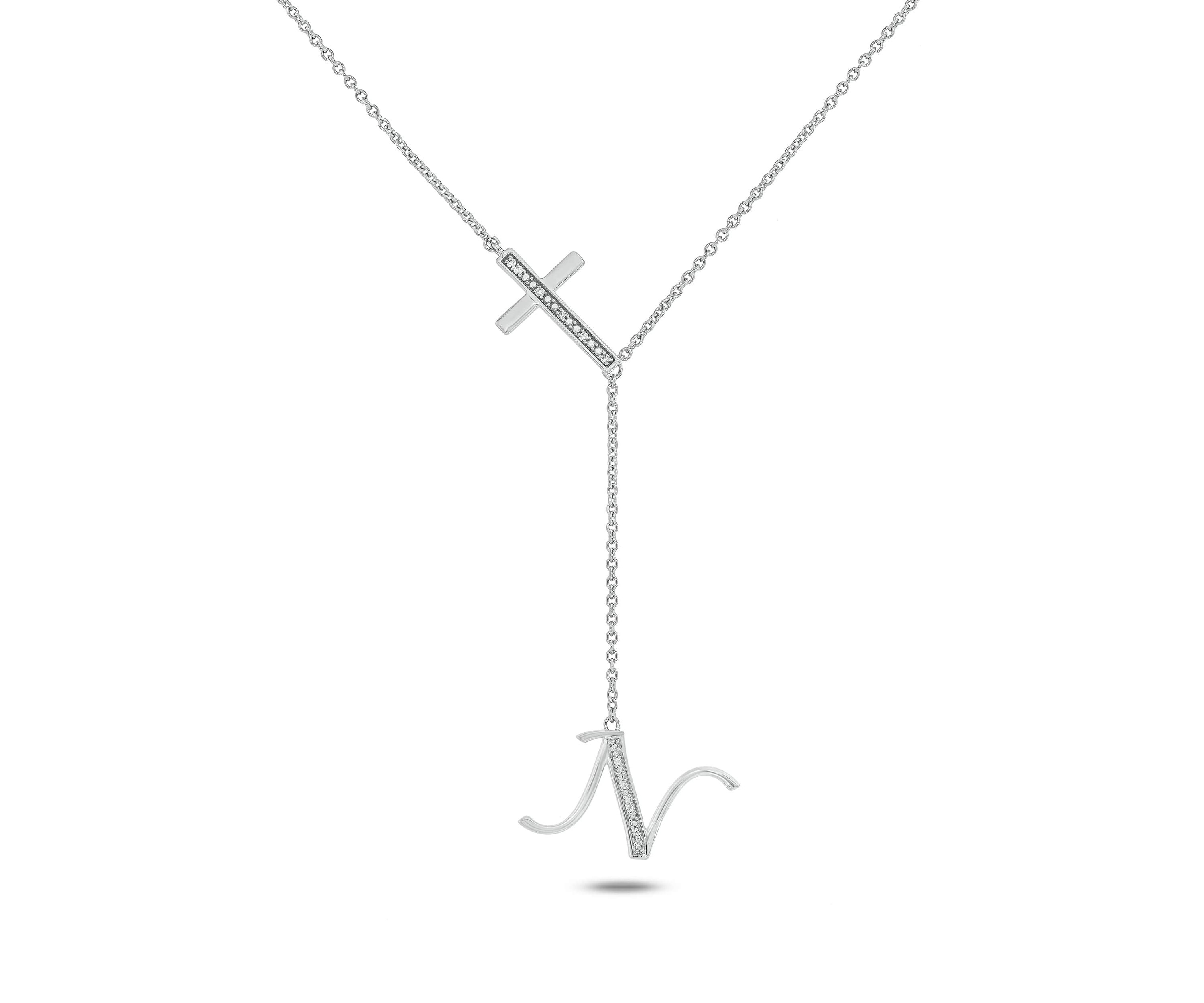 Diamond Accent Initial Cross And Letter Lariat Necklace In Sterling Silver