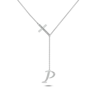 Belk & Co Diamond Accent Initial Cross And Letter Lariat Necklace In Sterling Silver, White, 20