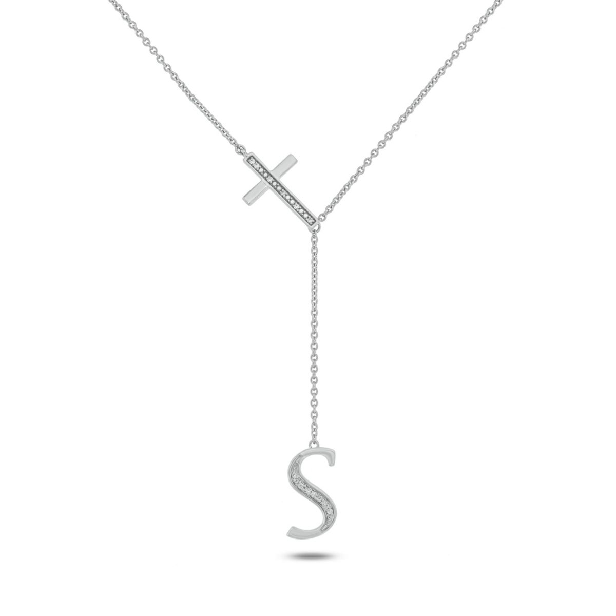 Diamond Accent Initial Cross And Letter Lariat Necklace In Sterling Silver