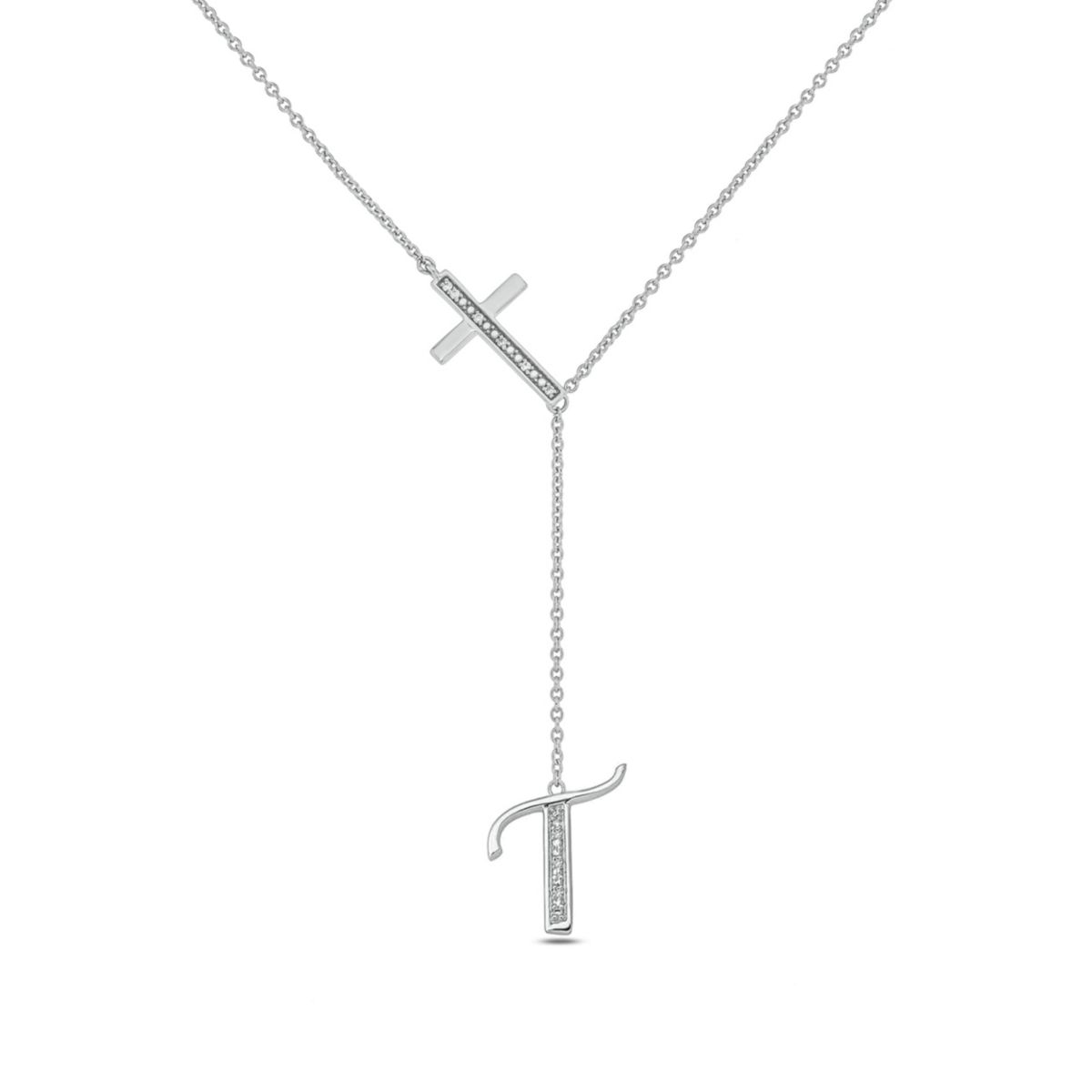 Diamond Accent Initial Cross And Letter Lariat Necklace In Sterling Silver