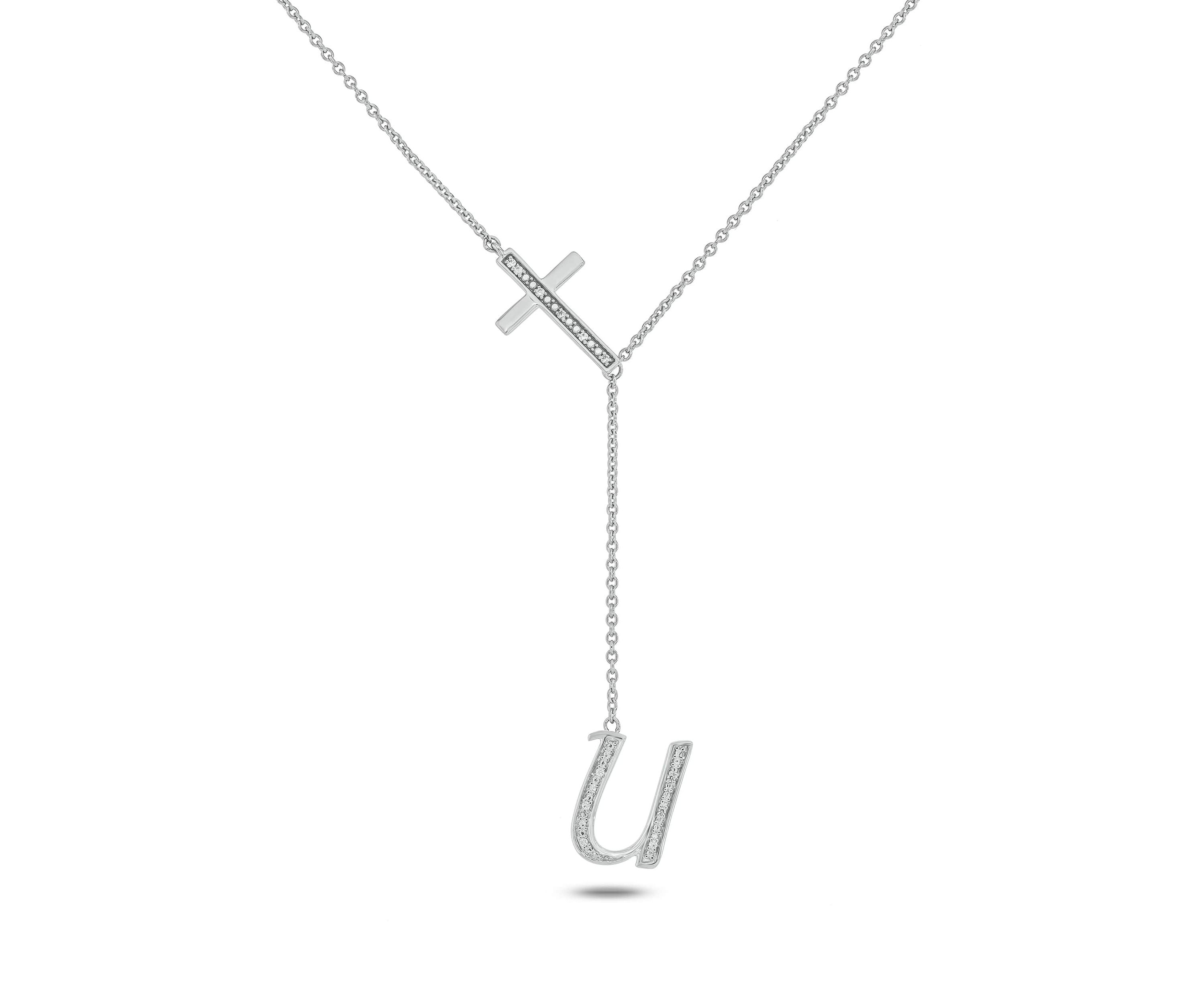 Diamond Accent Initial Cross And Letter Lariat Necklace In Sterling Silver