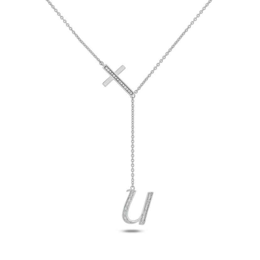 Diamond Accent Initial Cross And Letter Lariat Necklace In Sterling Silver
