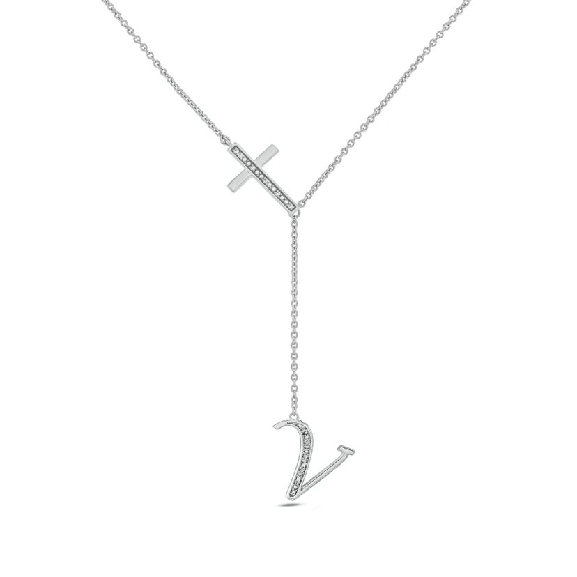 Diamond Accent Initial Cross And Letter Lariat Necklace In Sterling Silver