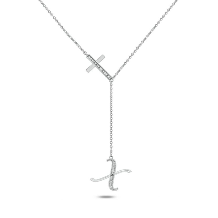 Diamond Accent Initial Cross And Letter Lariat Necklace In Sterling Silver