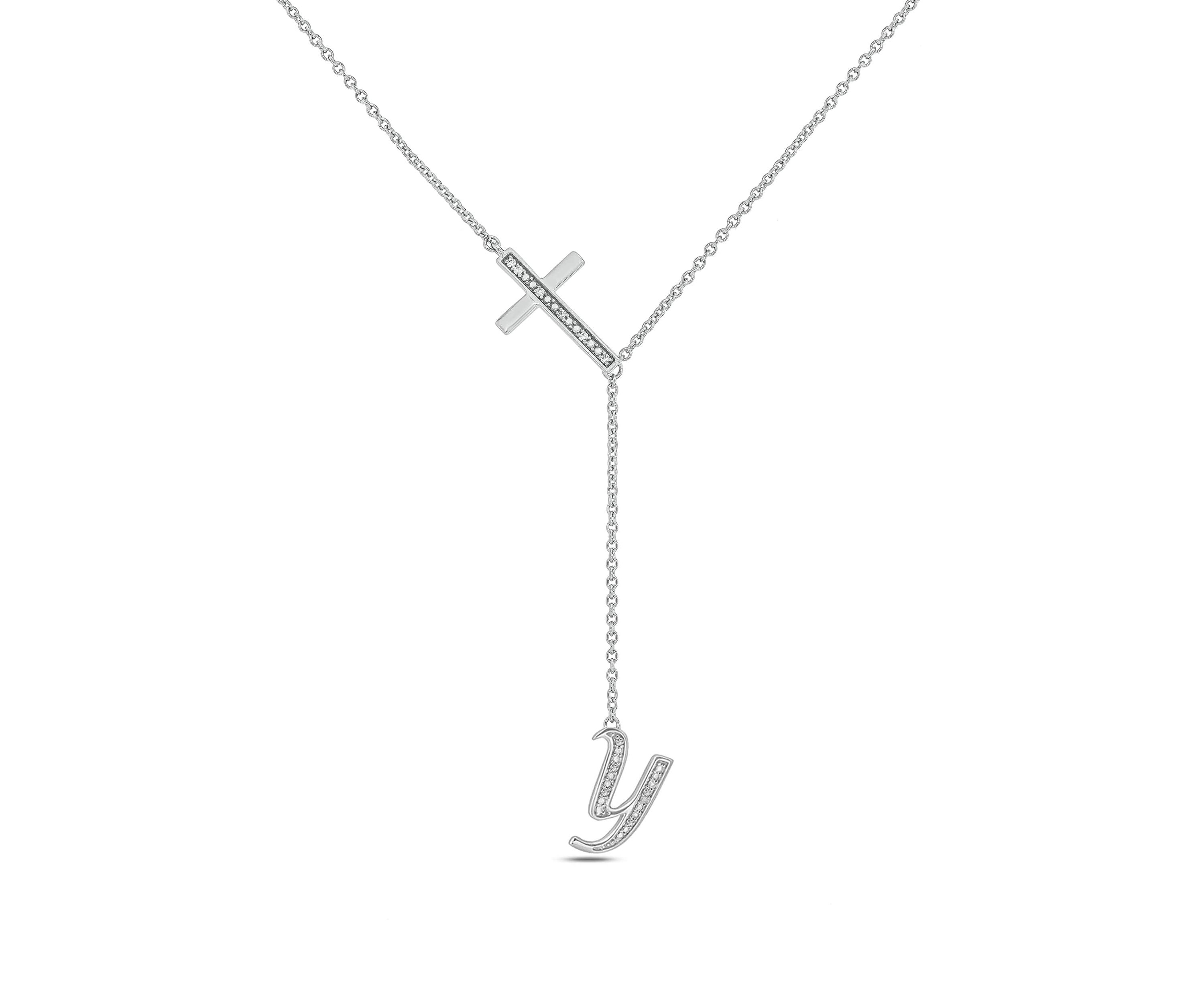 Diamond Accent Initial Cross And Letter Lariat Necklace In Sterling Silver