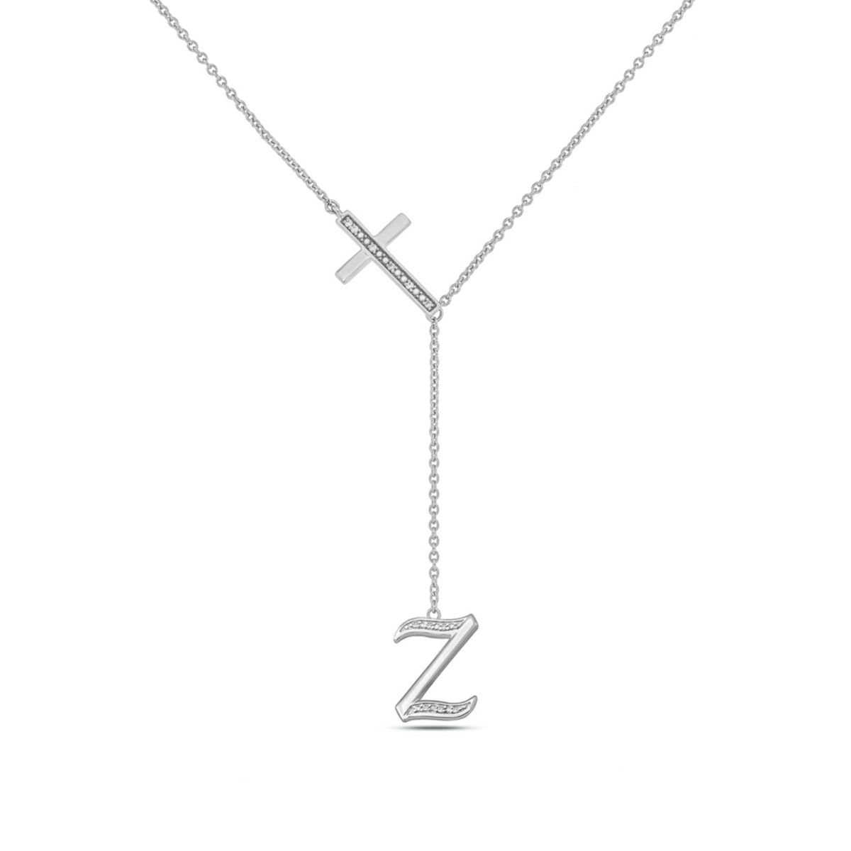 Diamond Accent Initial Cross And Letter Lariat Necklace In Sterling Silver
