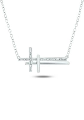 Belk & Co 1/10 Ct. T.w. Baguette Round White Diamond Sideways Cross Pendant Necklace In Gold Over Sterling Silver