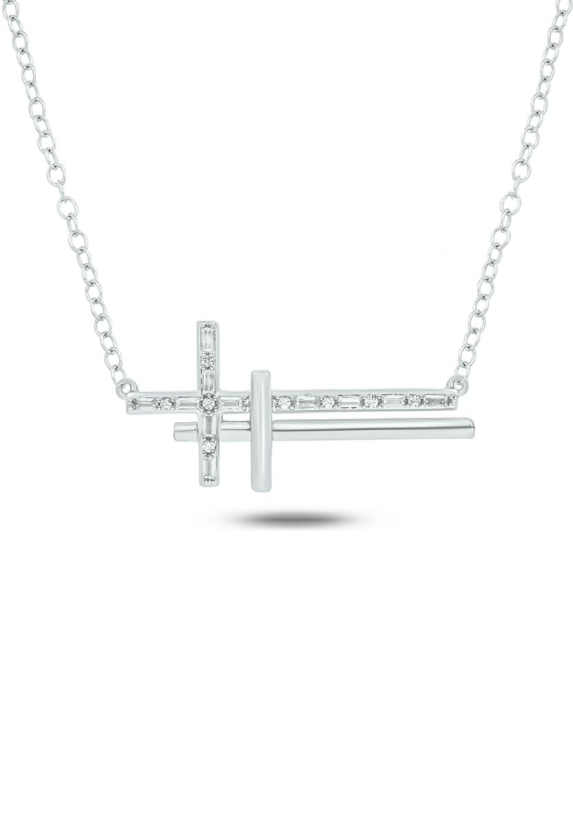 1/10 ct. t.w. Baguette Round White Diamond Sideways Cross Pendant Necklace in Gold Over Sterling Silver