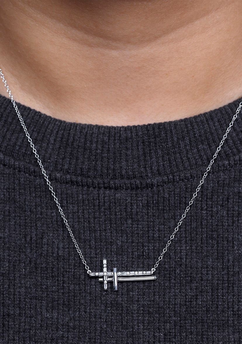 1/10 ct. t.w. Baguette Round White Diamond Sideways Cross Pendant Necklace in Gold Over Sterling Silver