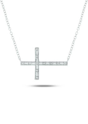Belk & Co 1/10 Ct. T.w. Baguette Round White Diamond Sideways Cross Pendant Necklace In 14K White Gold