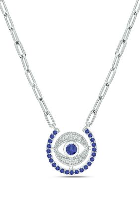 Belk & Co 1/10 Ct. T.w. Diamond And 7/8 Ct. T.w. Created Blue Sapphire Evil Eys Paper Clip Necklace In Sterling Silver