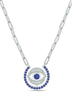 Belk & Co 1/10 ct. t.w. Diamond and 7/8 ct. t.w. Created Blue Sapphire Evil Eys Paper Clip Necklace In Sterling Silver, 18 in