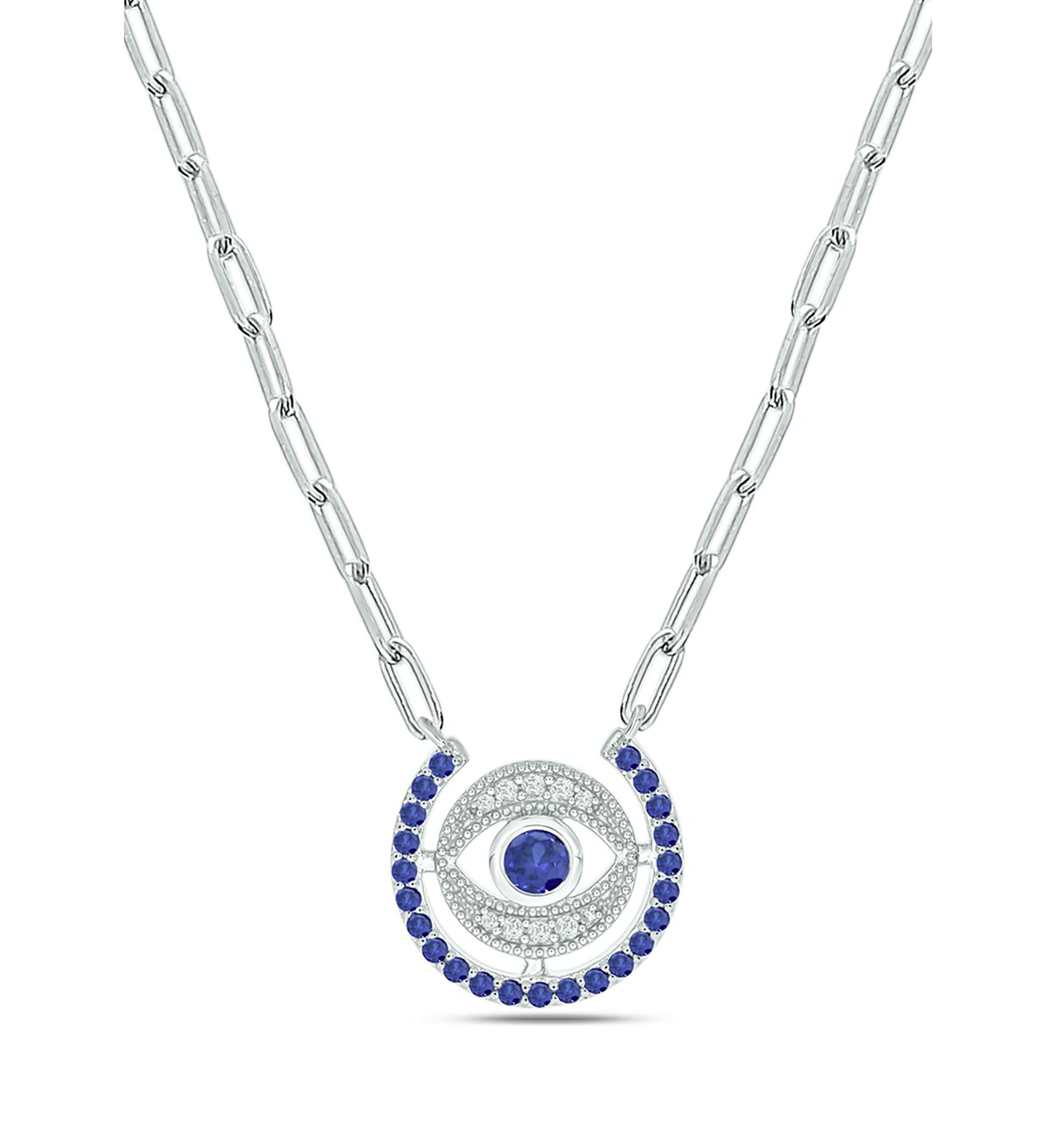 1/10 ct. t.w. Diamond and 7/8 ct. t.w. Created Blue Sapphire Evil Eys Paper Clip Necklace In Sterling Silver