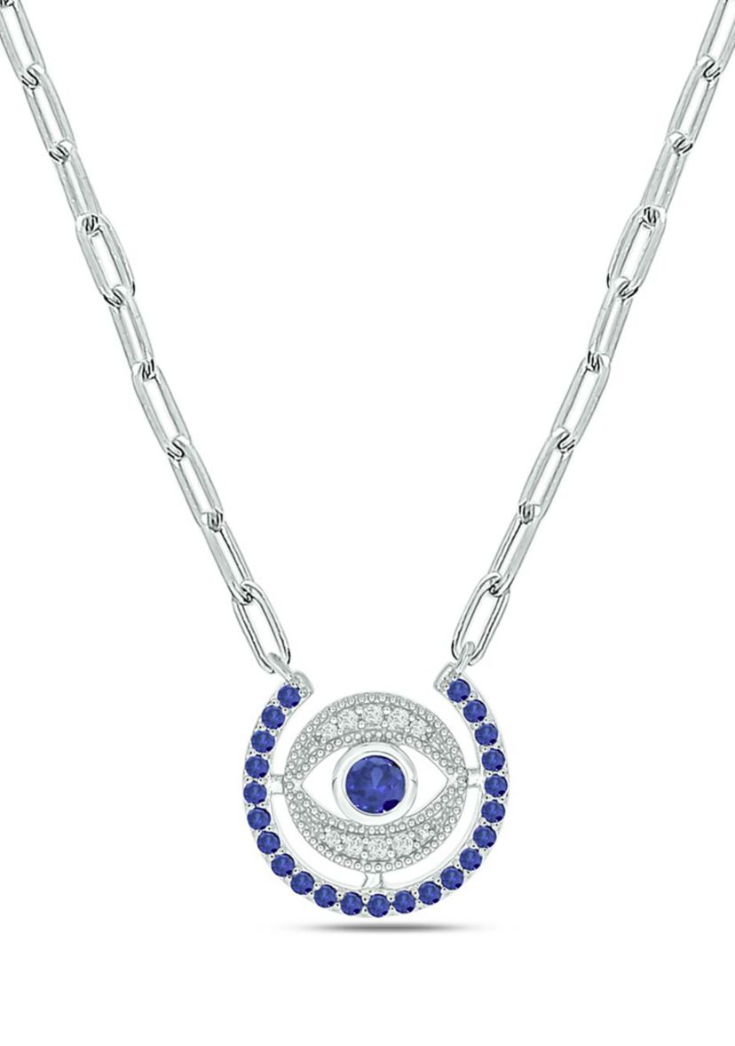 1/10 ct. t.w. Diamond and 7/8 ct. t.w. Created Blue Sapphire Evil Eys Paper Clip Necklace In Sterling Silver