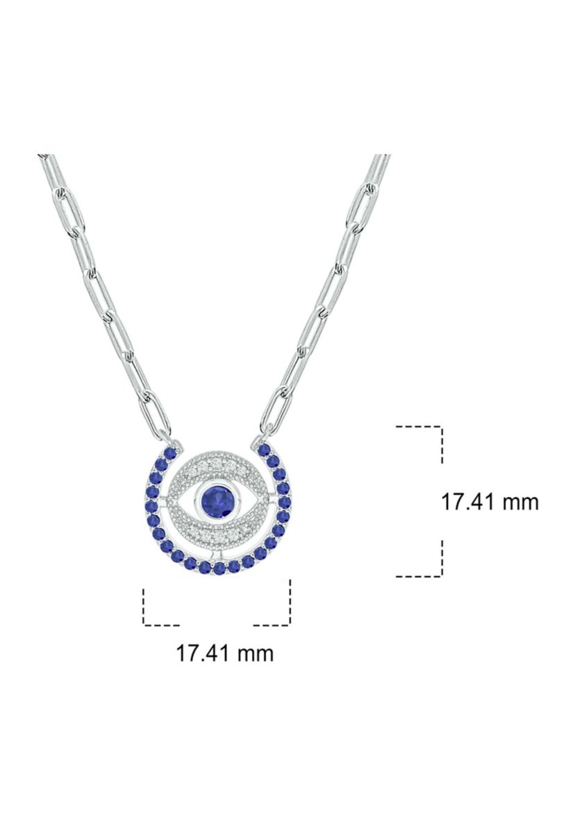 1/10 ct. t.w. Diamond and 7/8 ct. t.w. Created Blue Sapphire Evil Eys Paper Clip Necklace In Sterling Silver